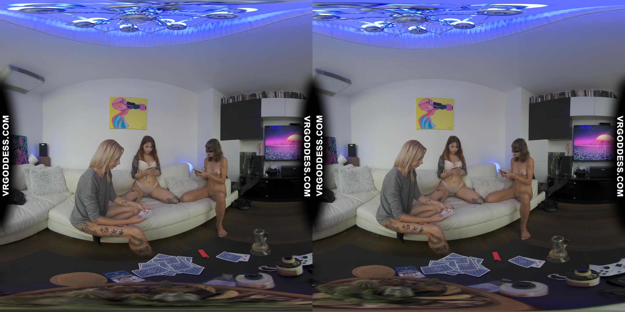 Triple Model Strip Poker Smoking Bong And Lesbian Dildoing With Miss Pussycat Bleika Cherri Threeway