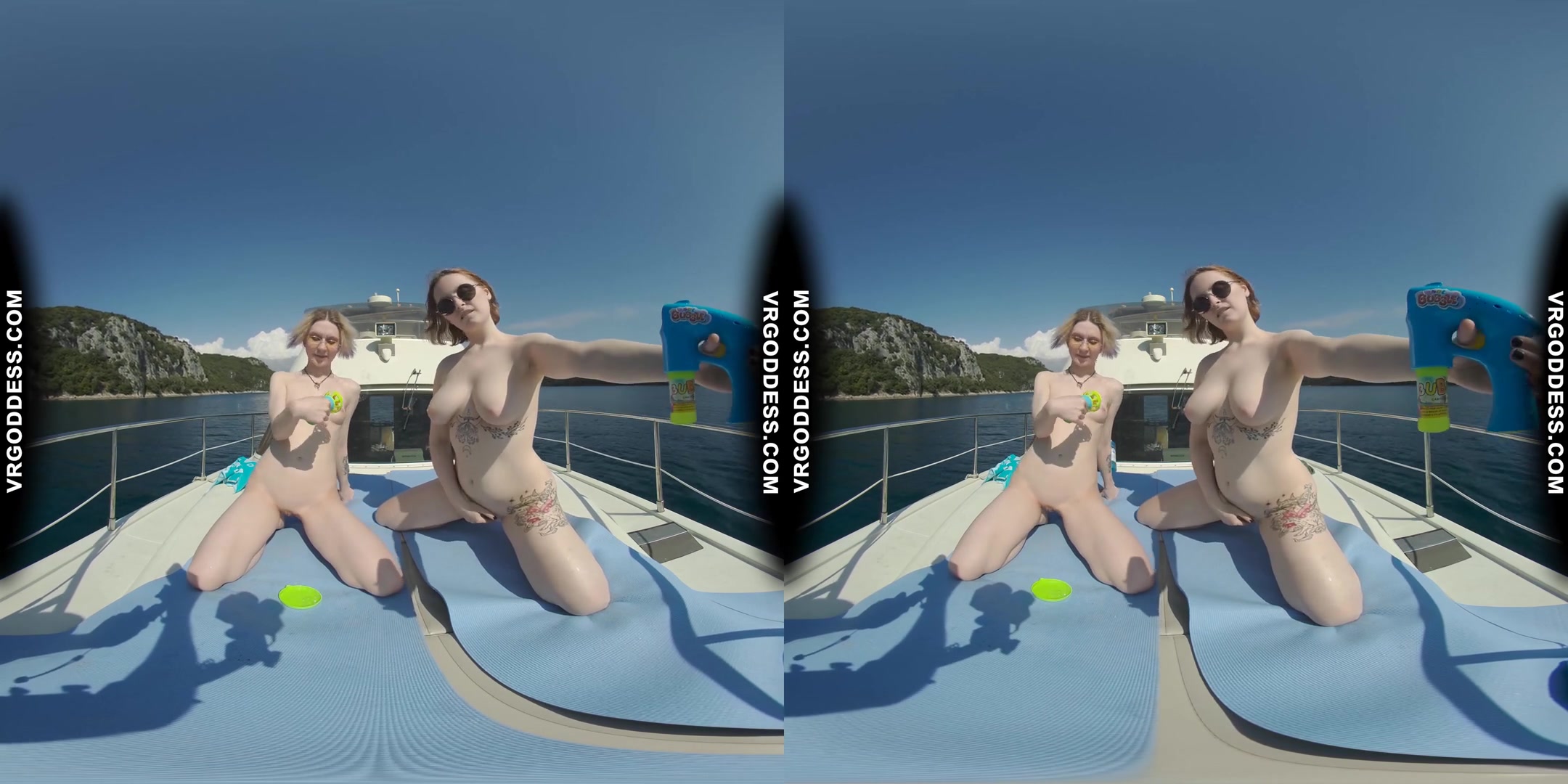 Ingrida And Diana Nude Sunbathing On A Yacht Vacation Playing With Bubbles