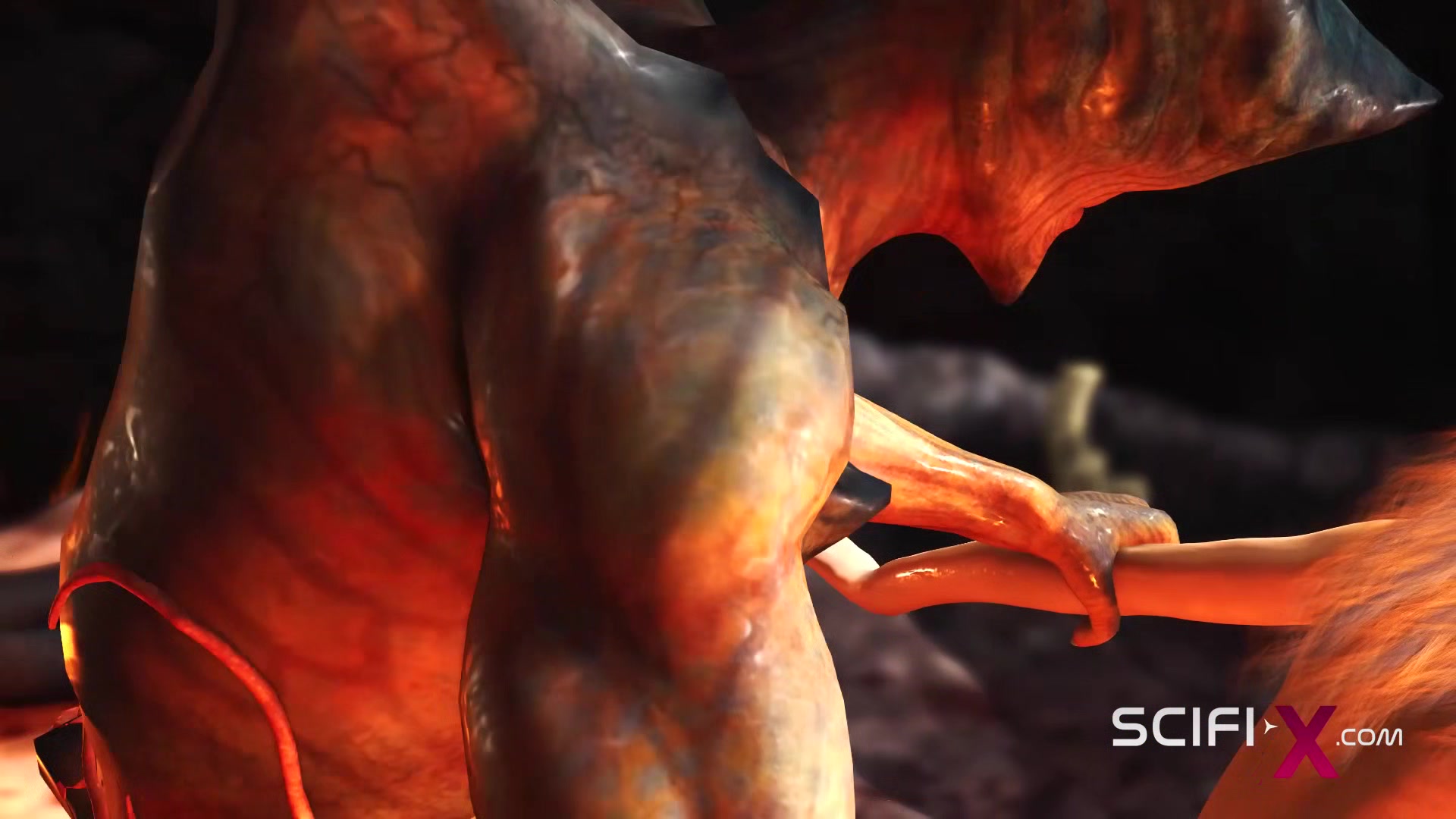 A horny hottie gets fucked by a male alien in the fire cave