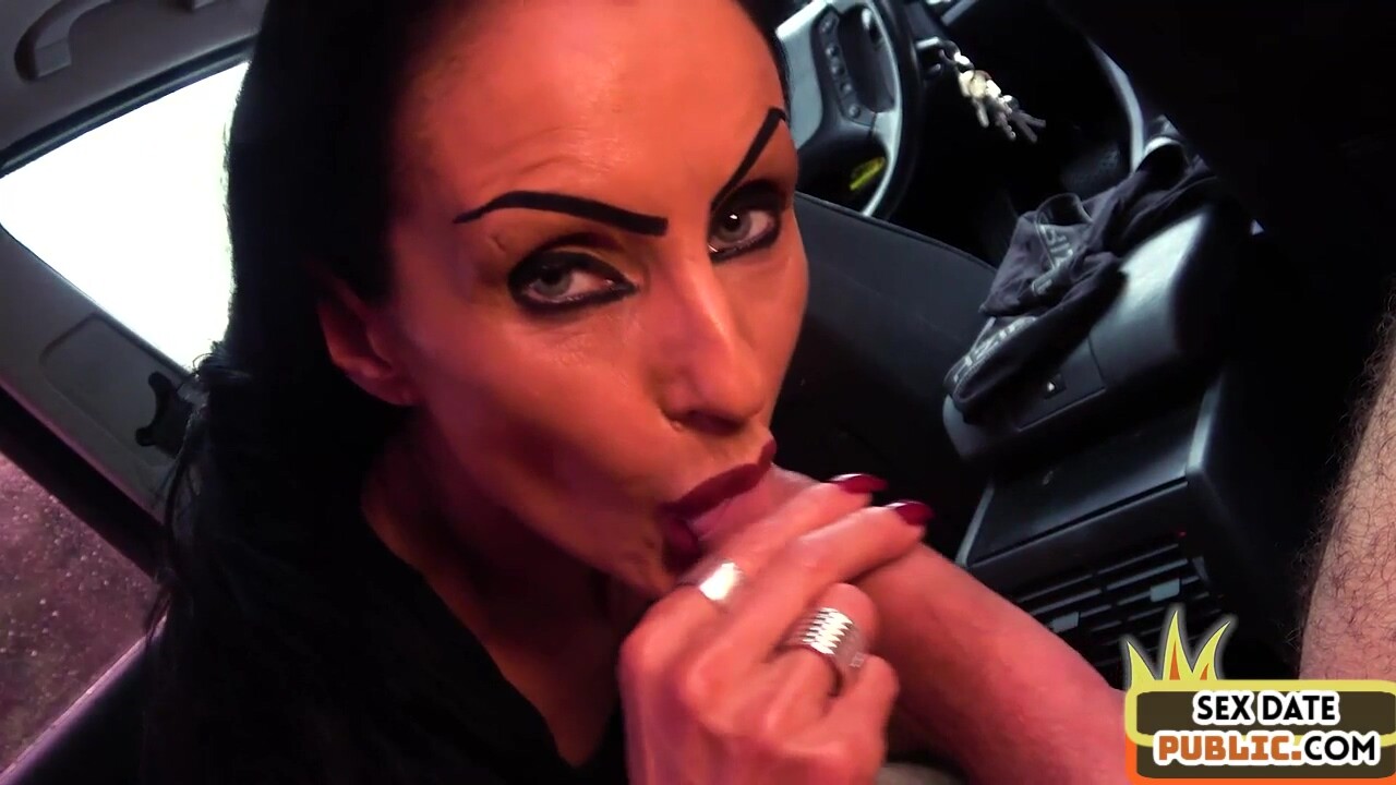 Public slut drilled in POV in car by big white dick