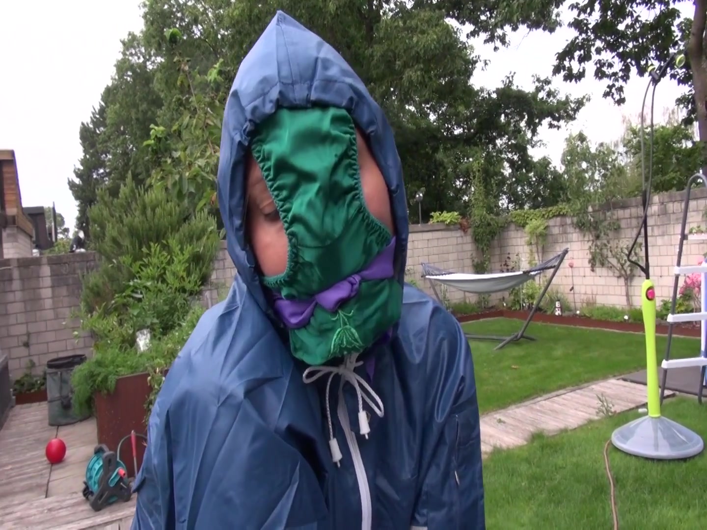 Watch Sandra Beeing Bound, Gagged With A Pantyhood In Her Oldschool Rainsuit