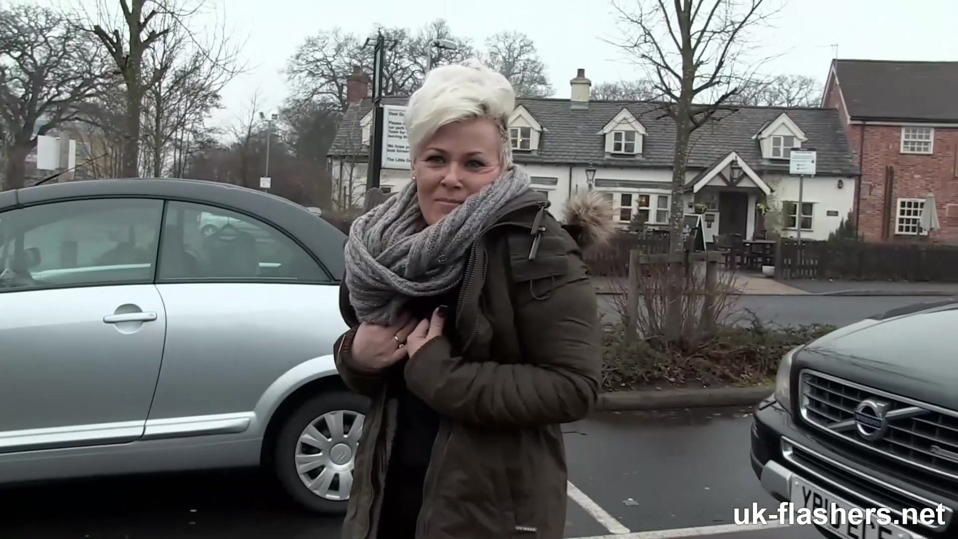 Short Hair British MILF Flashing and Pissing all Over Town for UK-Flashers