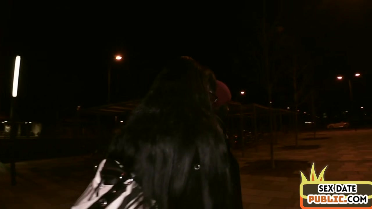 Public interracial blowjob with nerdy slut