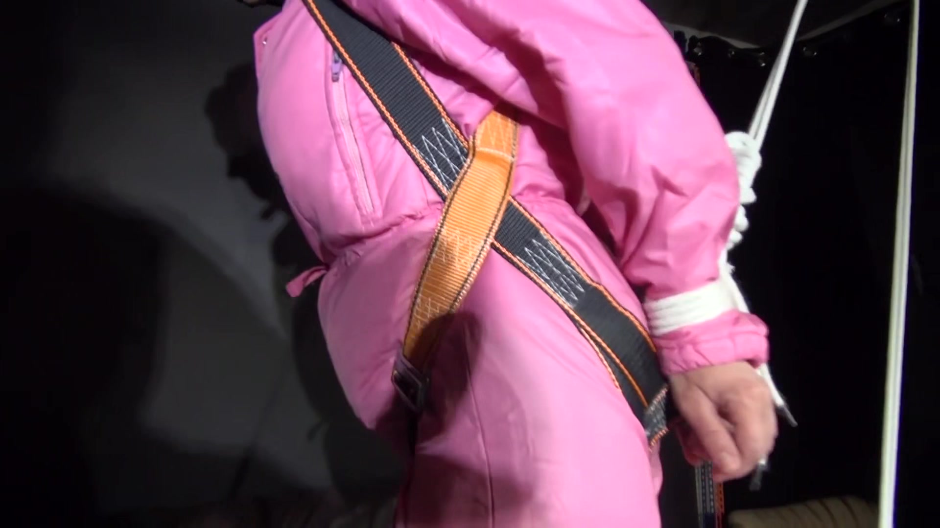 Sexy ***Sandra*** Wearing A Hot Pink Oldschool Downbib And A Down Jacket Being Tied And Gagged With Ropes And A Clothgag Hanging On The Ceiling (Video)