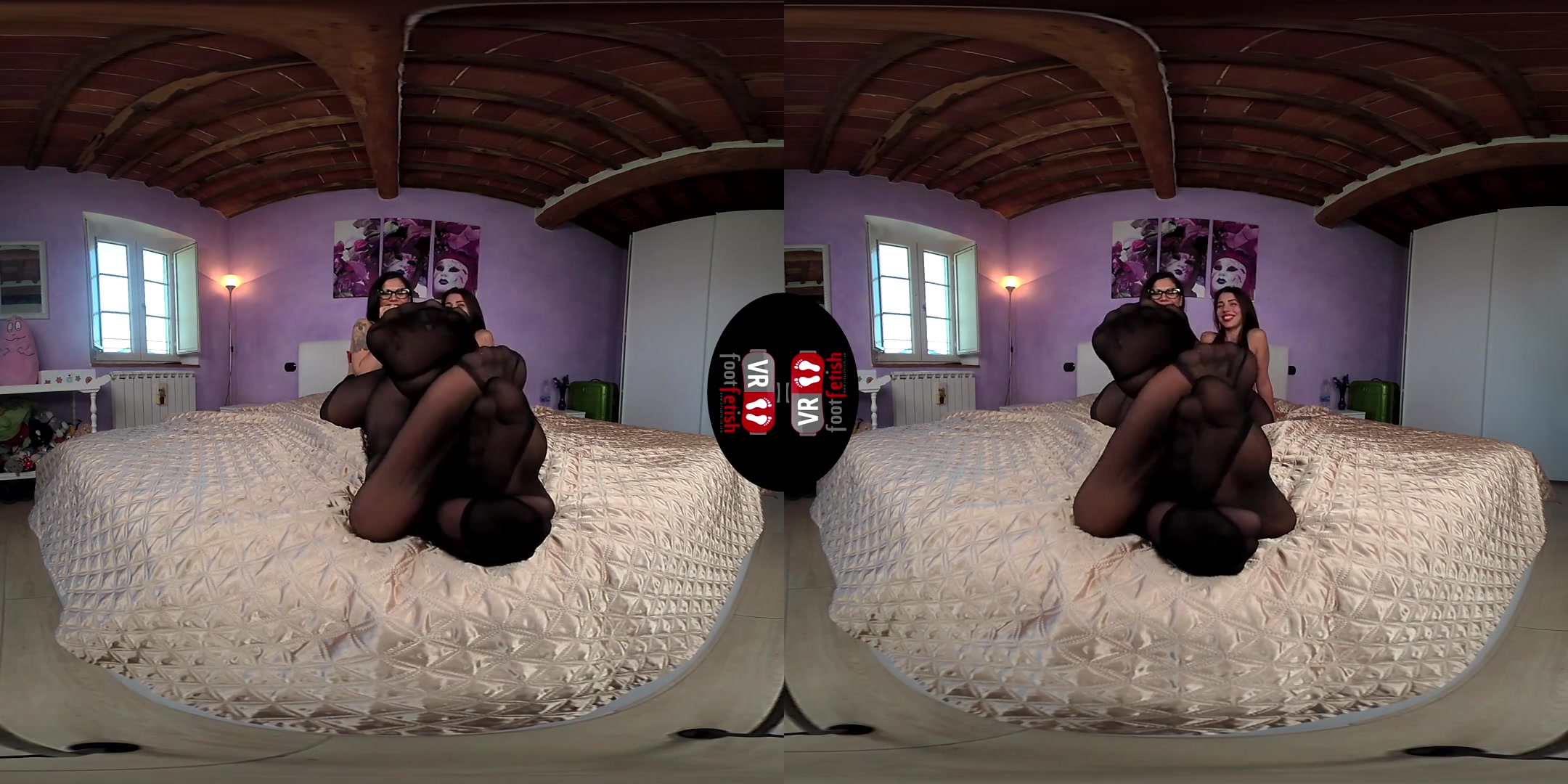 Brunette Power: Chiara and Petra Lay Down in a Bed in Black Nylons - Stockings Foot Fetish Lesbian Feet