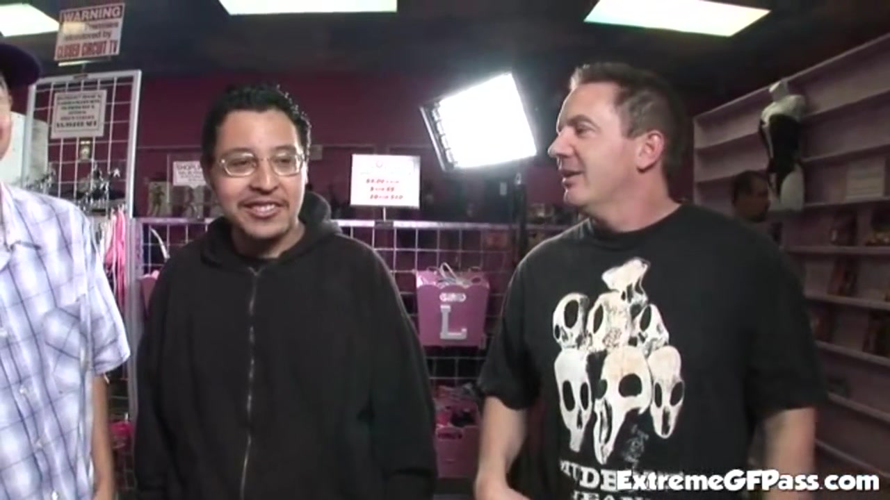 Cock whore rides in filthy sex shop trio