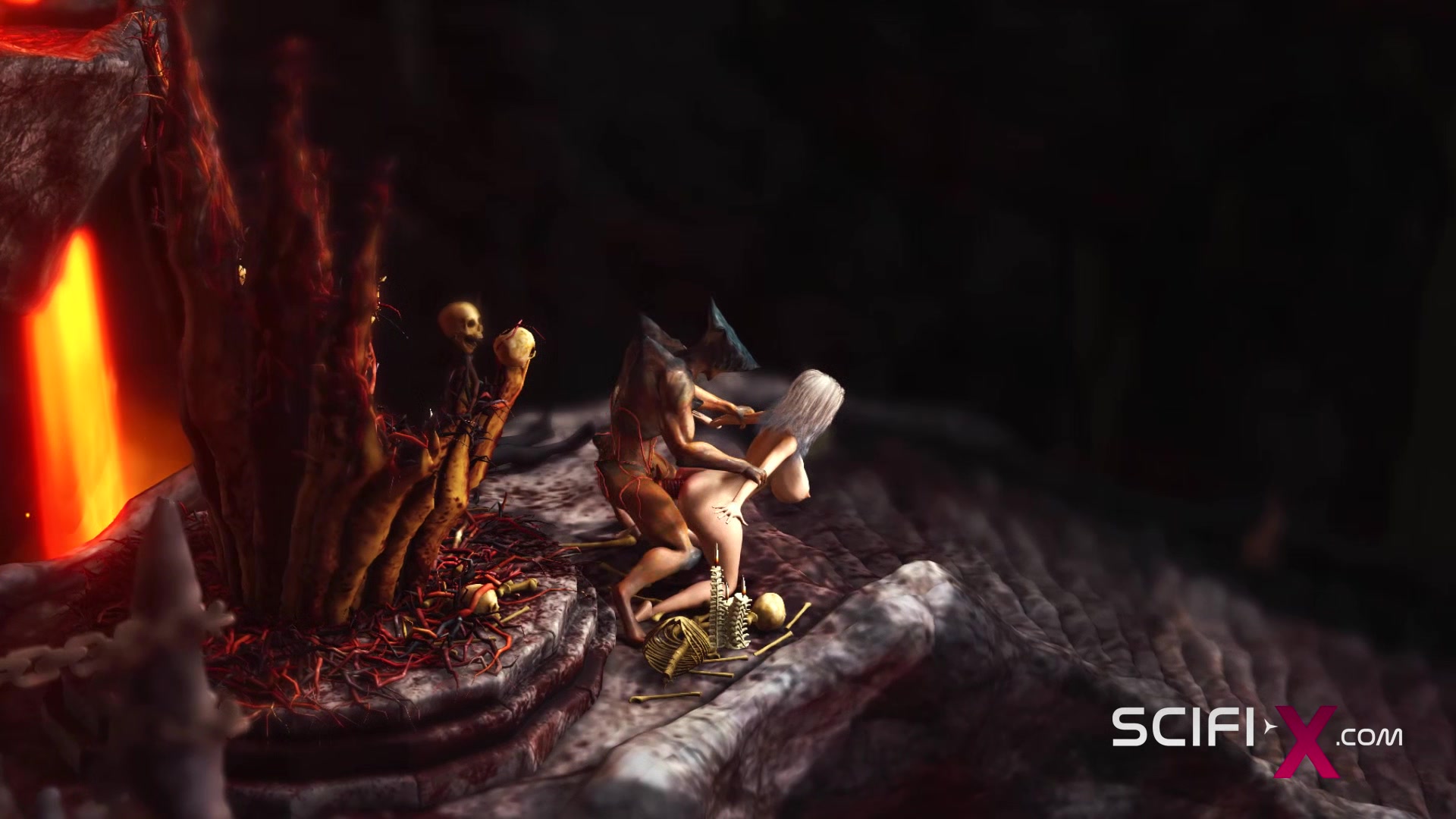 A horny hottie gets fucked by a male alien in the fire cave