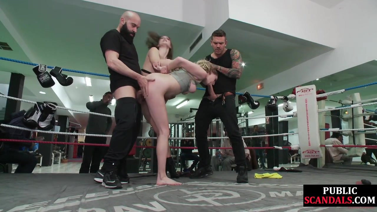 Public scandalous bitch fucked in orgy in gym by two dicks