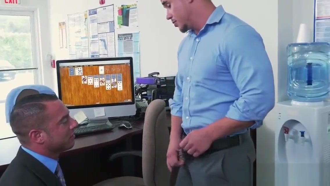 Handsome jock cumdrops during office trio