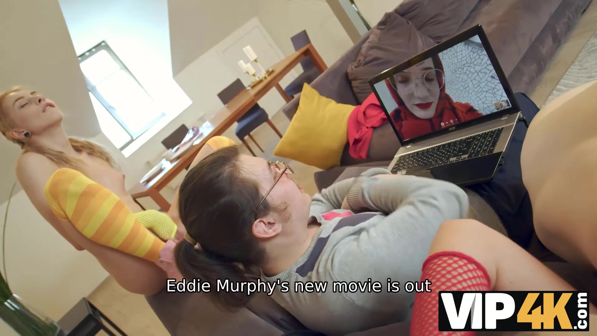 VIP4K. While man talks on a video call three ladies enjoy lesbian 3some