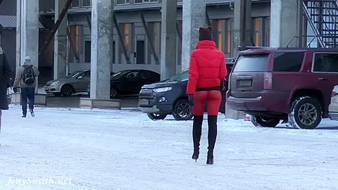 Red Tights. Jeny Smith public walking in tight red pantyhose (no panties)