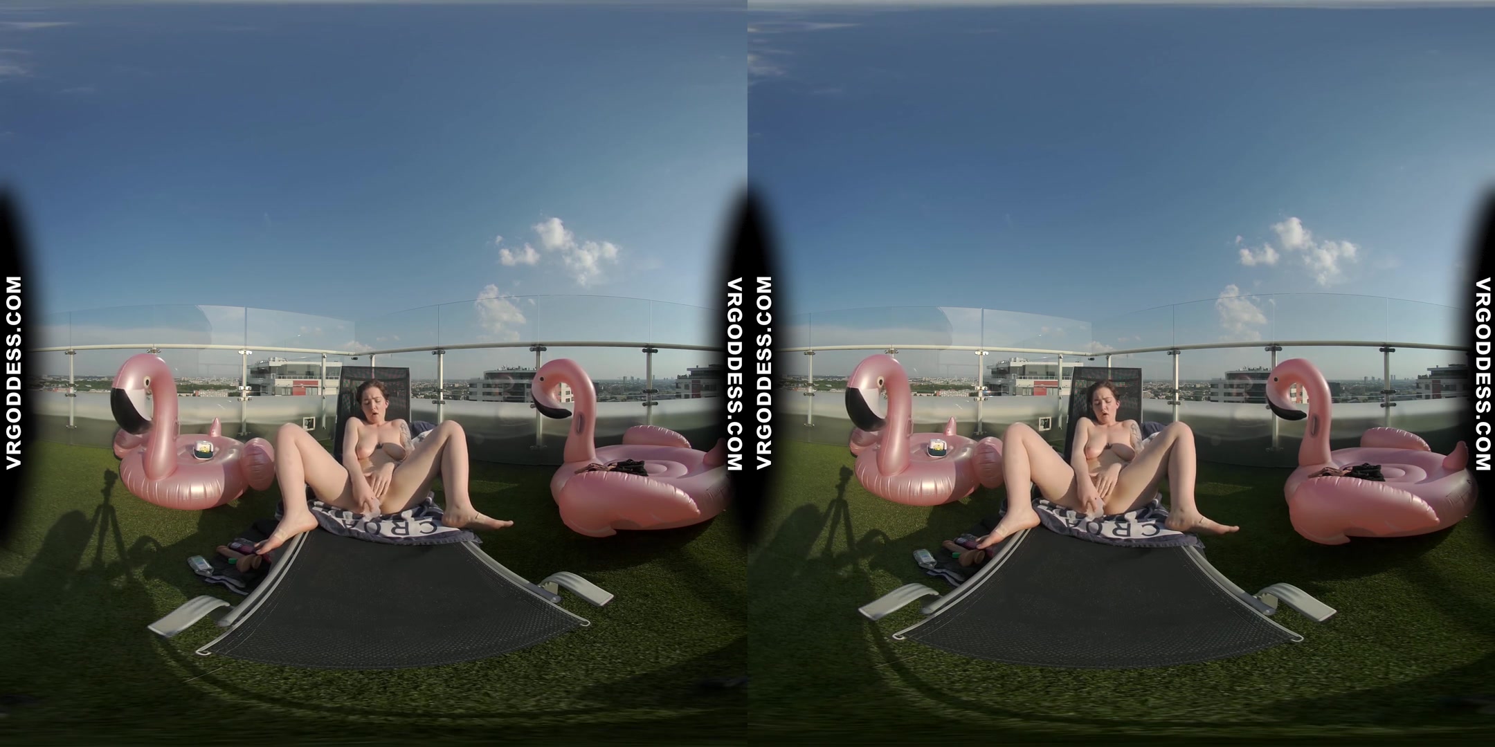 Big Boobed Tattoo Sammy Masturbating With A Dildo In The Sun On Private Penthouse Rooftop