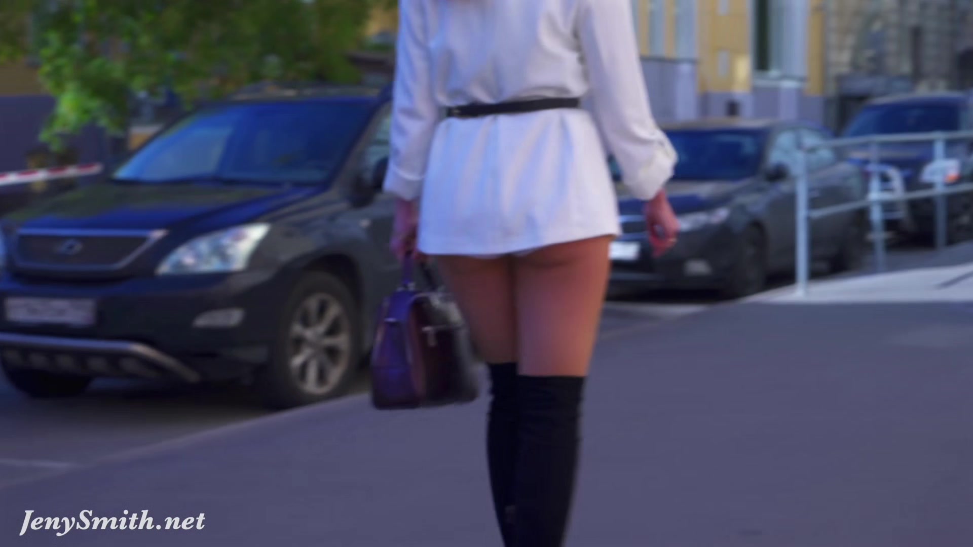 Independent Woman. Jeny Smith in pantyhose without panties in public