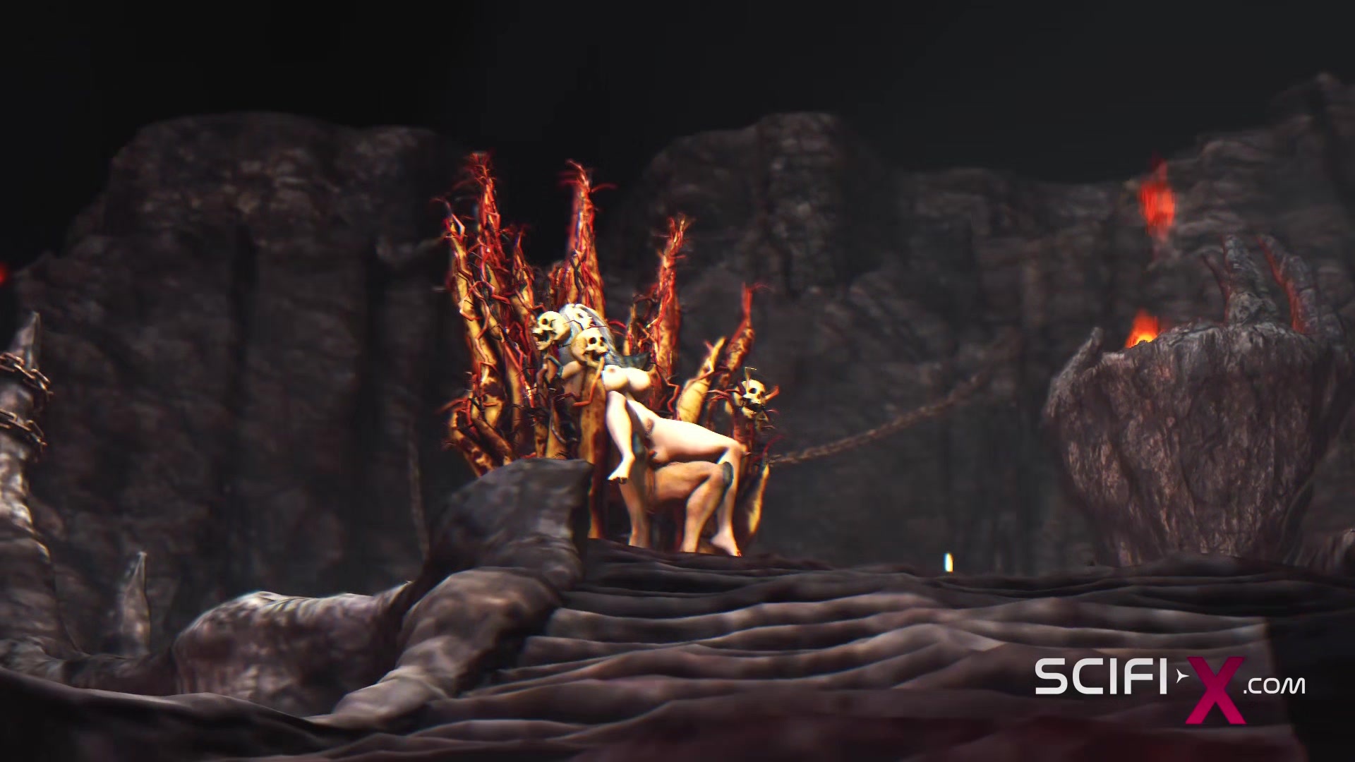 Alien fucks hard a sexy blonde in her ass in the fire cave