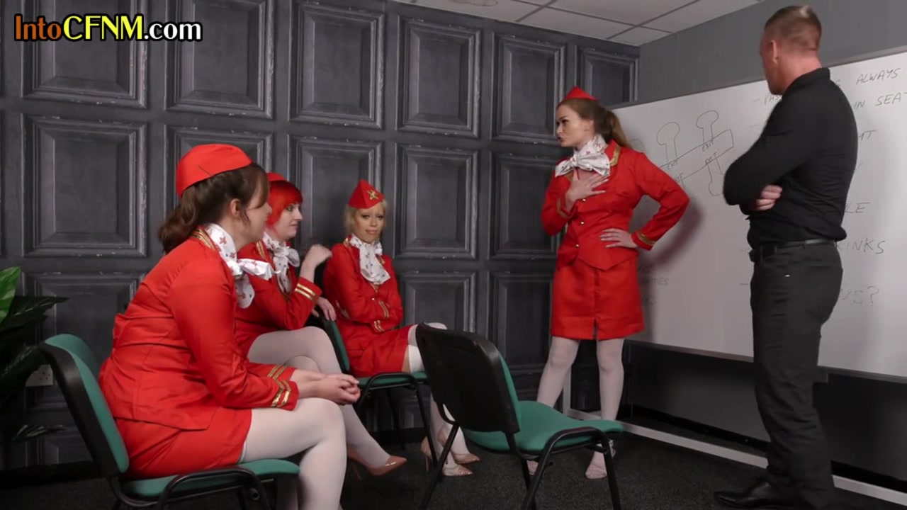 Femdom stewardesses suck cock in CFNM group on college