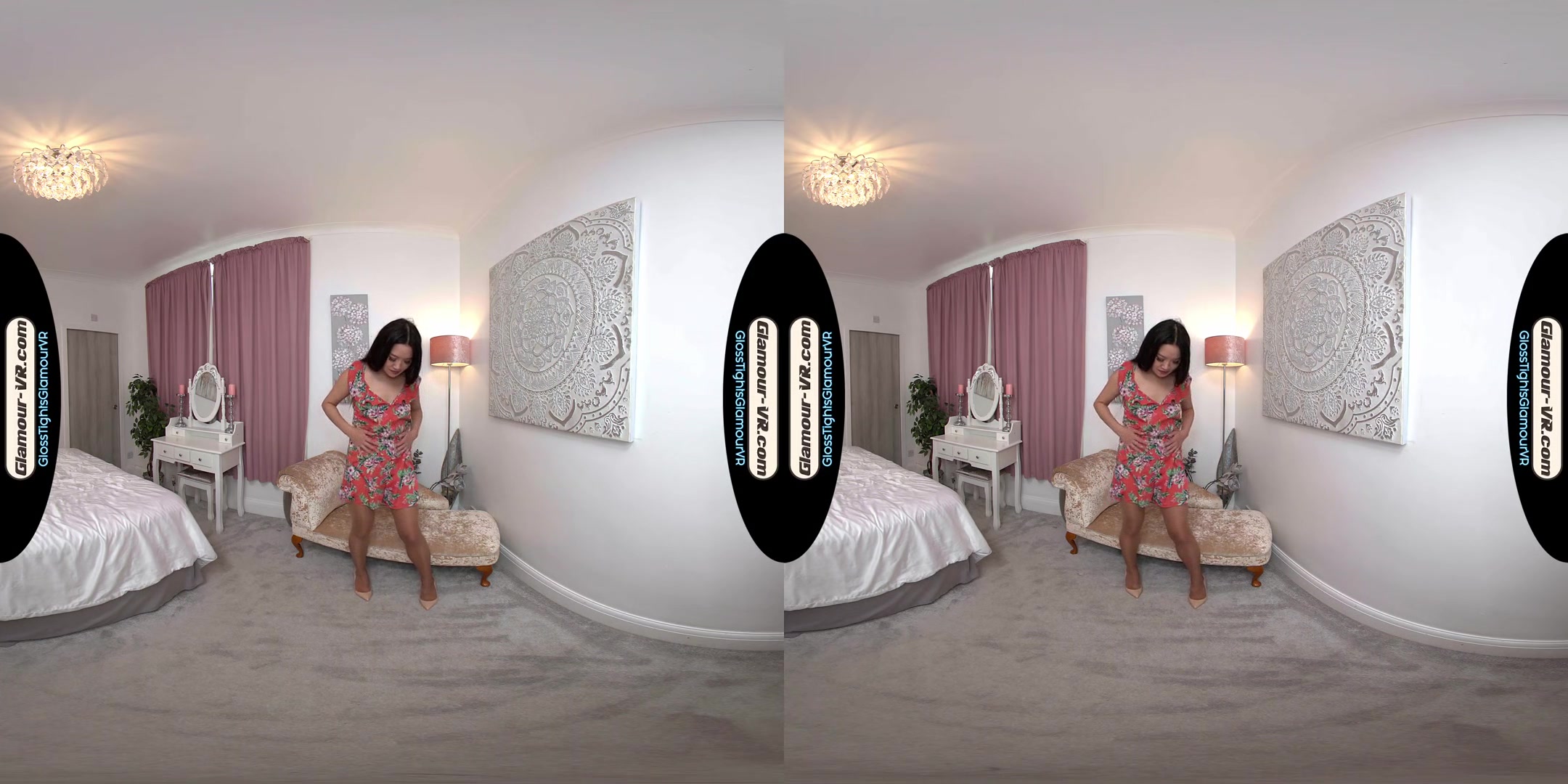 Louisa Lu Red Floral Dress With Tan Crotchless Glossy Legwear & Joi Treat - 8k Vr