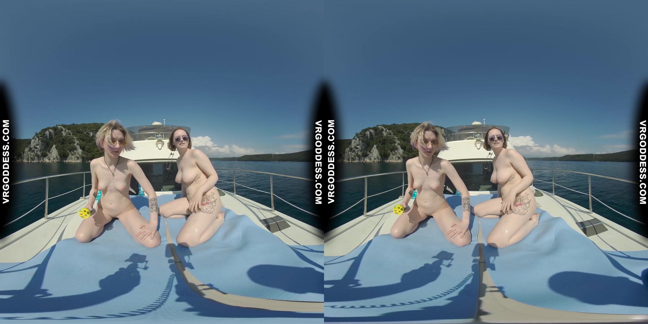 Ingrida And Diana Nude Sunbathing On A Yacht Vacation Playing With Bubbles