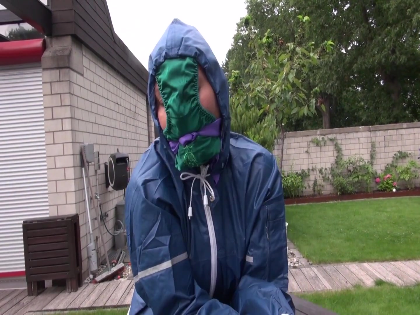 Watch Sandra Beeing Bound, Gagged With A Pantyhood In Her Oldschool Rainsuit