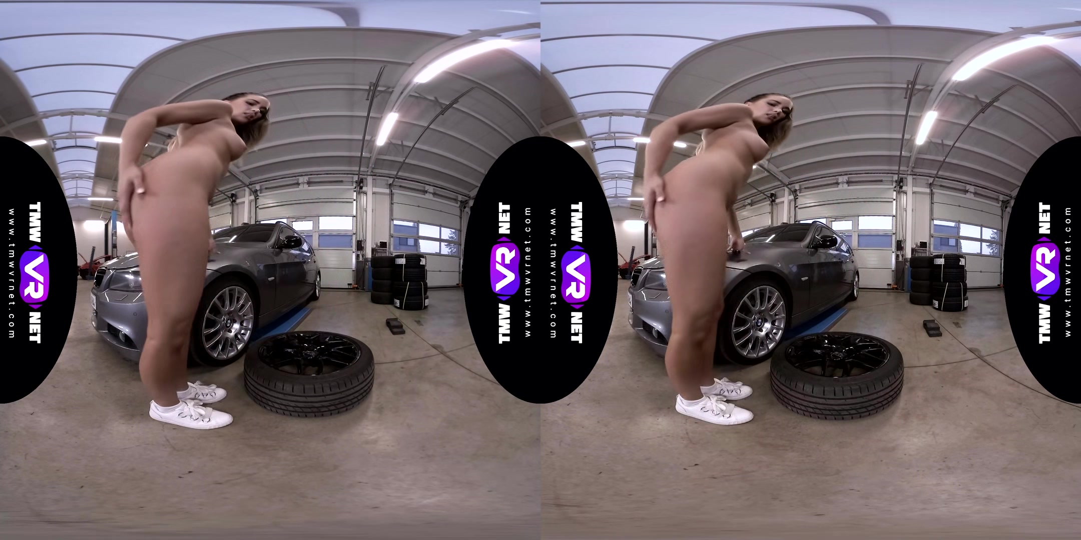 Hot Babe Gets Naked And Horny In A Car Shop - Solo Tease And Masturbate