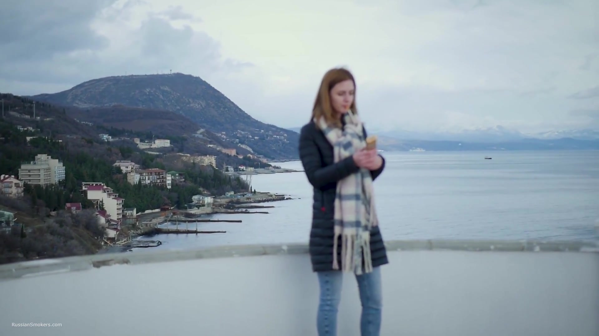 Beautiful Lady Is Smoking Two Saratoga Cigarettes In A Row On A Beautiful View