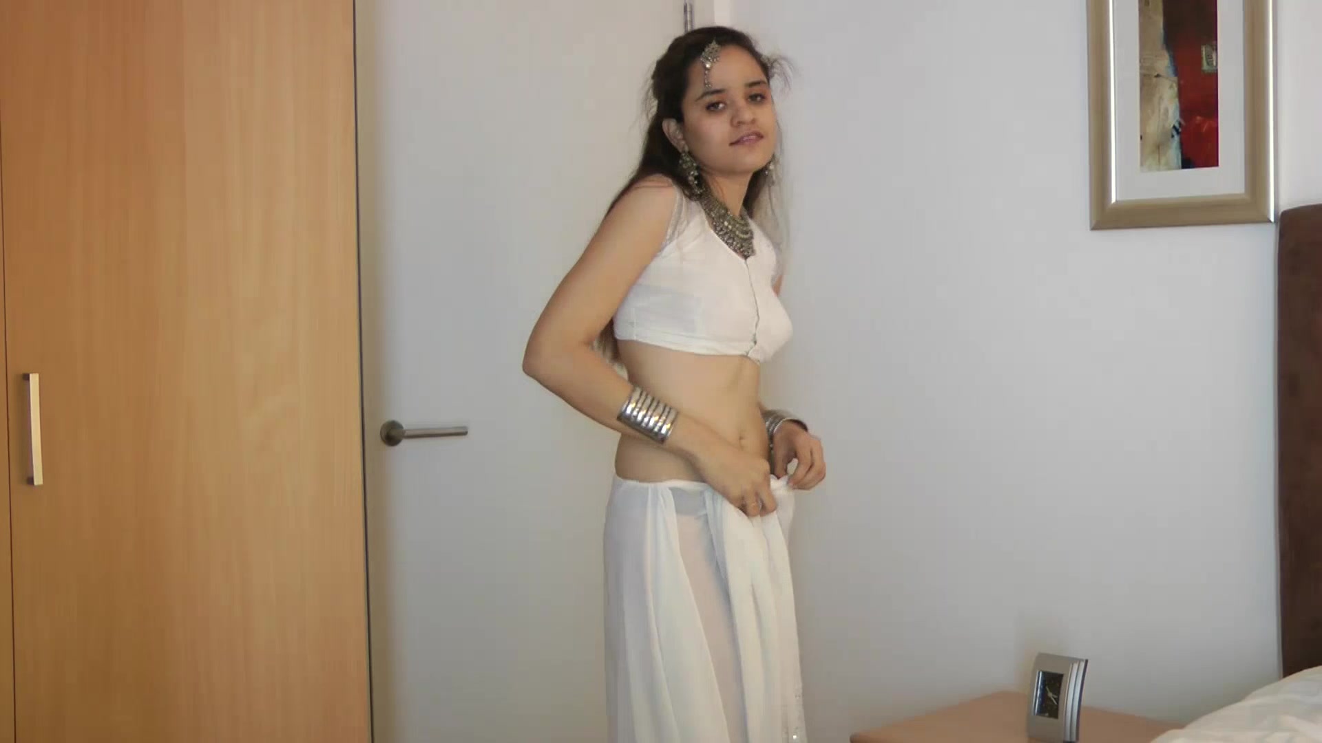 Indian Beautiful teen 18+ Babe Jasmine Striptease and Fingering In White Desi Sari