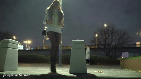 Jeny Smith walks in public in transparent tights without panties