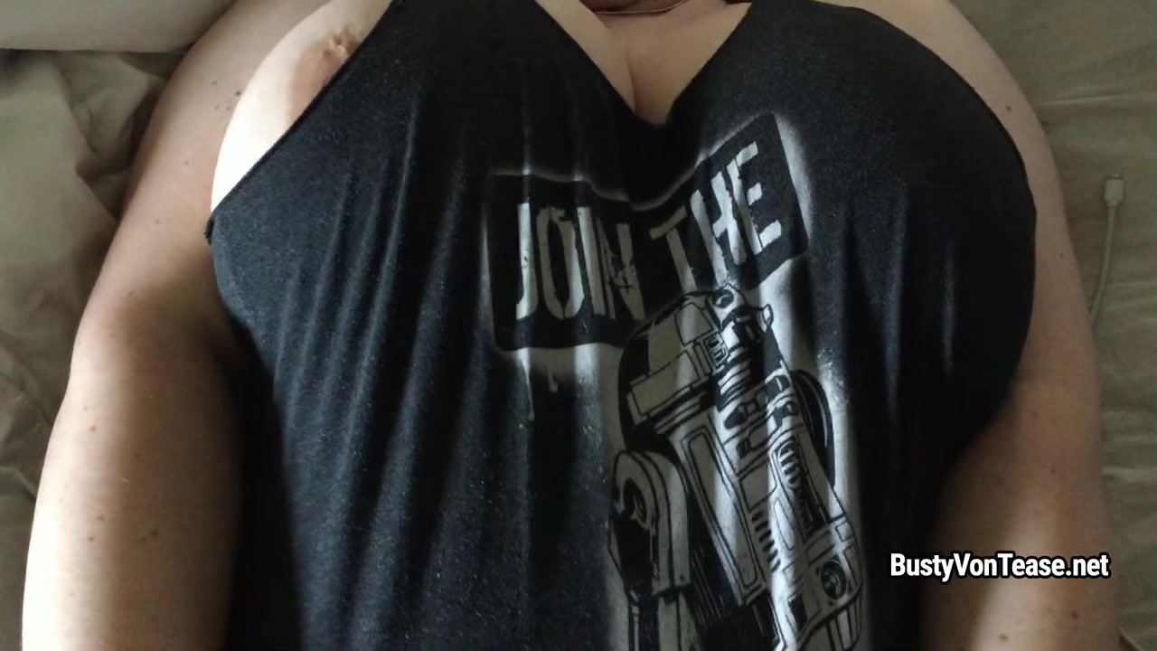BBW Busty Von Tease toys and makes her man to cum on her tits