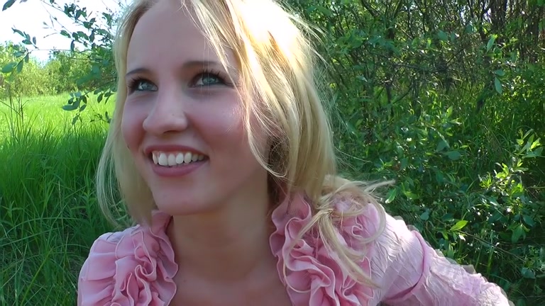 Sweet natural blonde banged outdoors