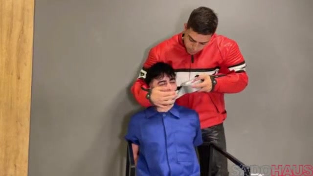 Bound leather biker cum