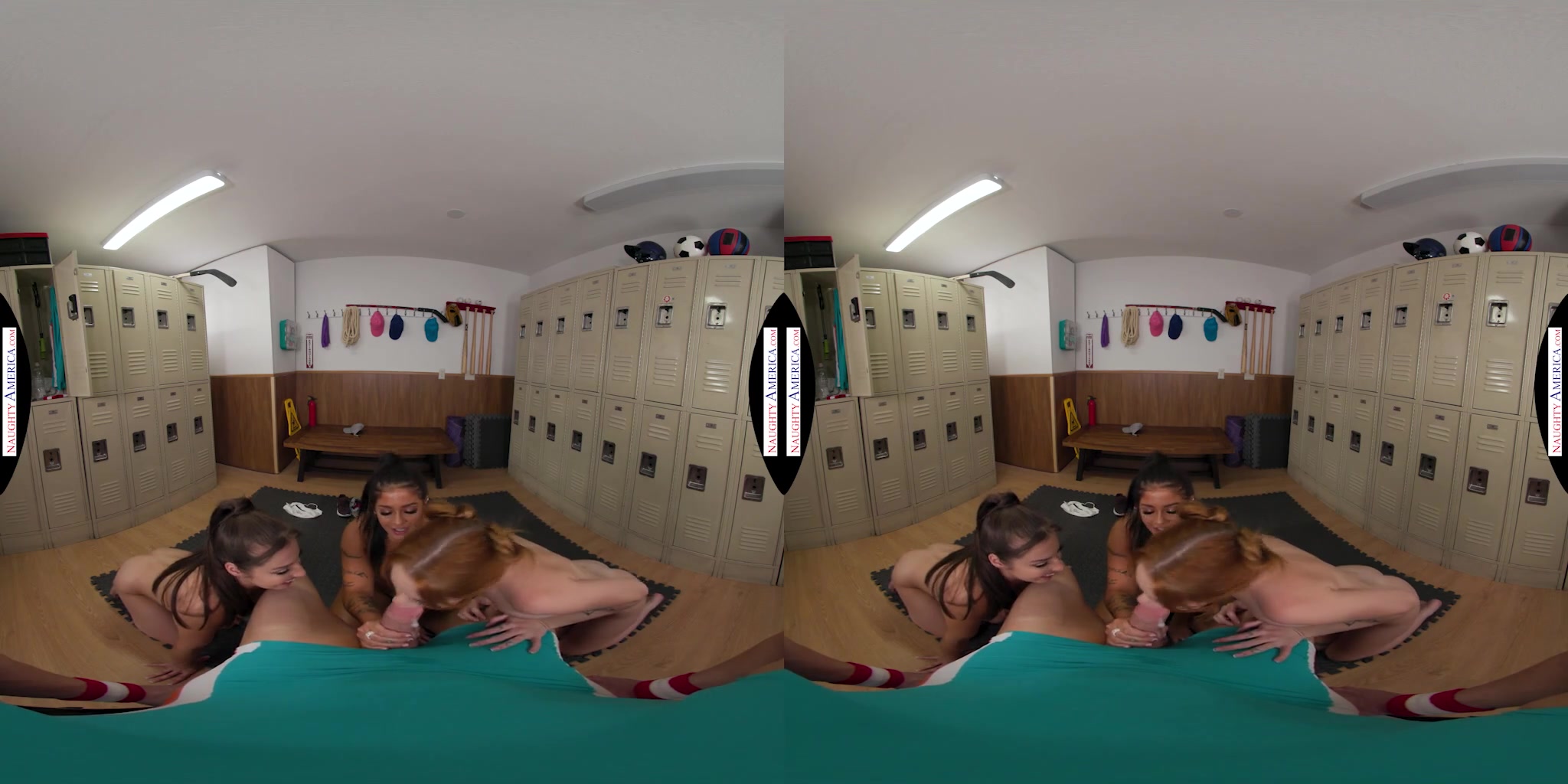 College girls Ryan Reid, Sage Fox, and Spencer Bradley sneak into the star wrestler's locker room
