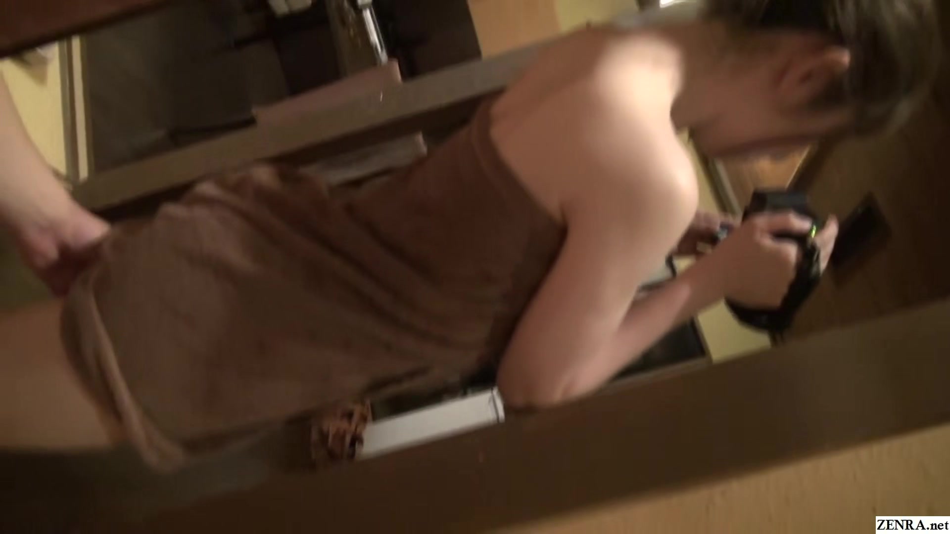 Japanese female employee in tiny towel films unfaithful sex