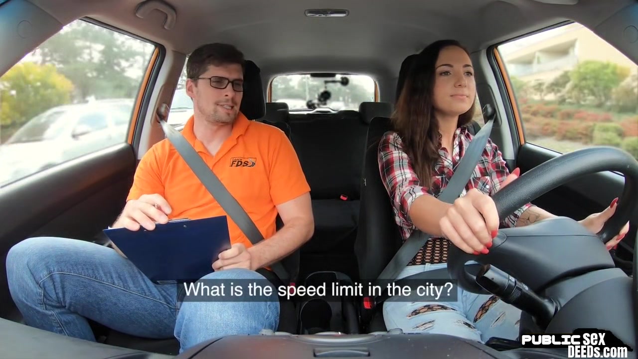 Pierced brunette in pantyhose fucks her driving tutor