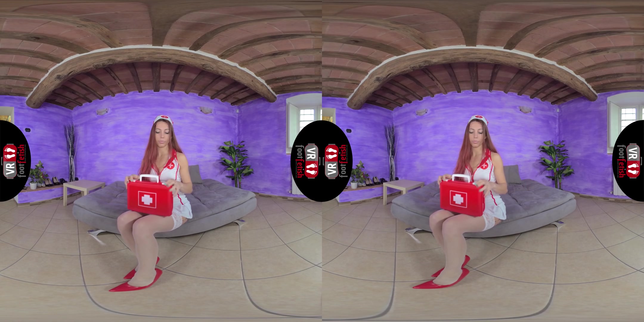 Deliciously Sexy Elettra In A Red And White Nurse's Uniform - VRFootFetish