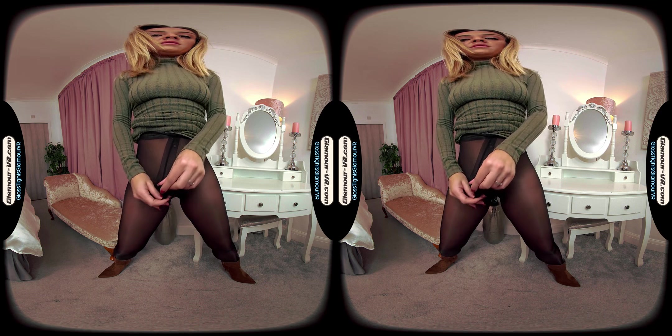 Samantha Olive Green Dress With Black Glossy Legwear & Brown Suede Boots Joi - 8k Vr
