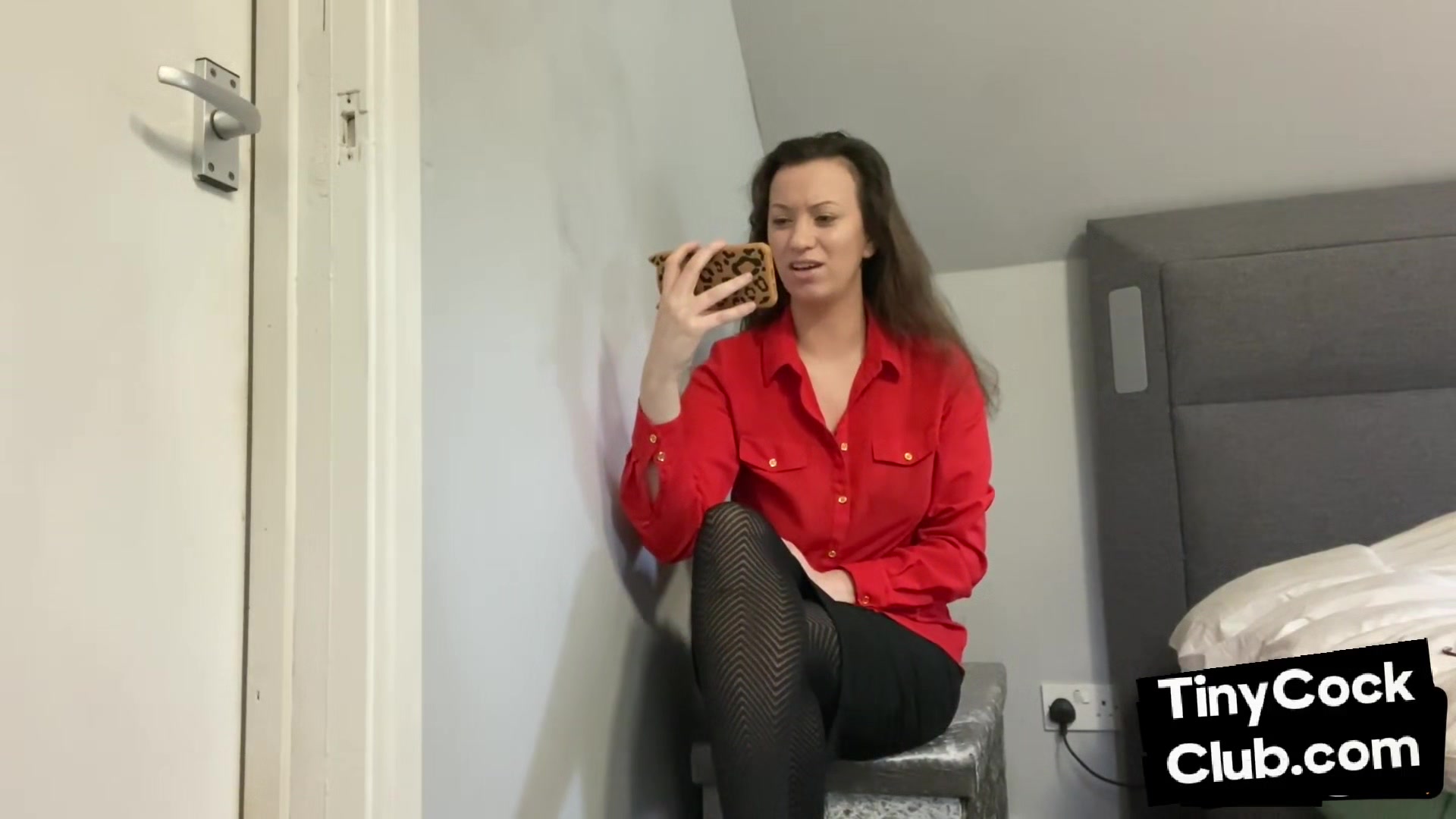 SPH domina in leather skirt talks bad to small dick losers