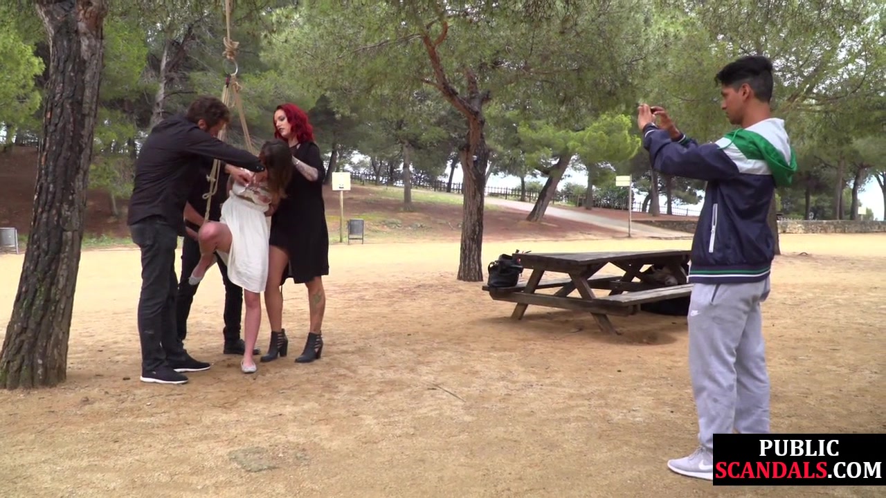 Trapped scandalous slut whipped outdoor at park by femina