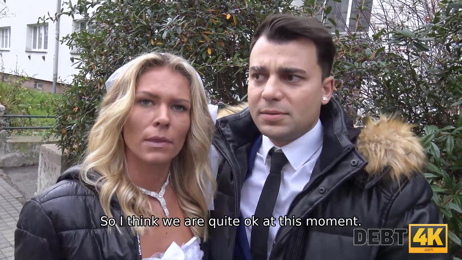 DEBT4k. Debt collector fucks the bride in white dress and stockings