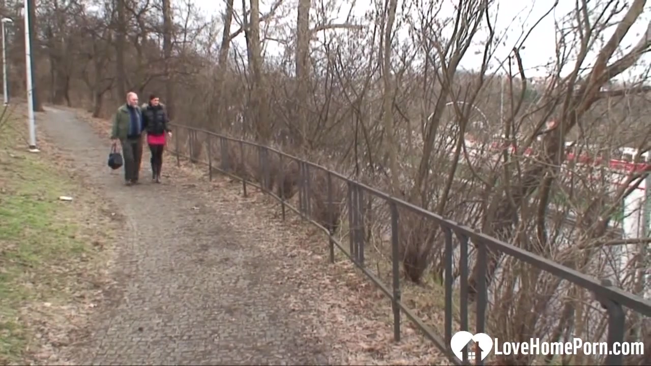 Cute woman and an older dude fuck outdoors