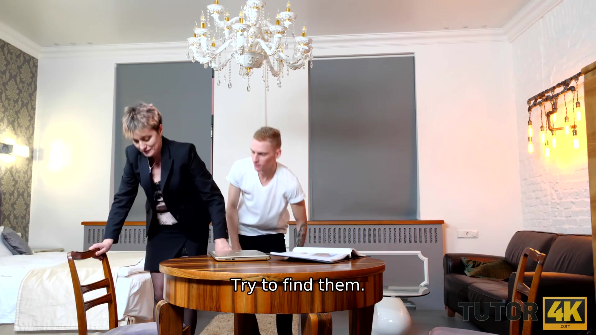 TUTOR4K. Mature woman with short haircut gives muff to younger man for sex