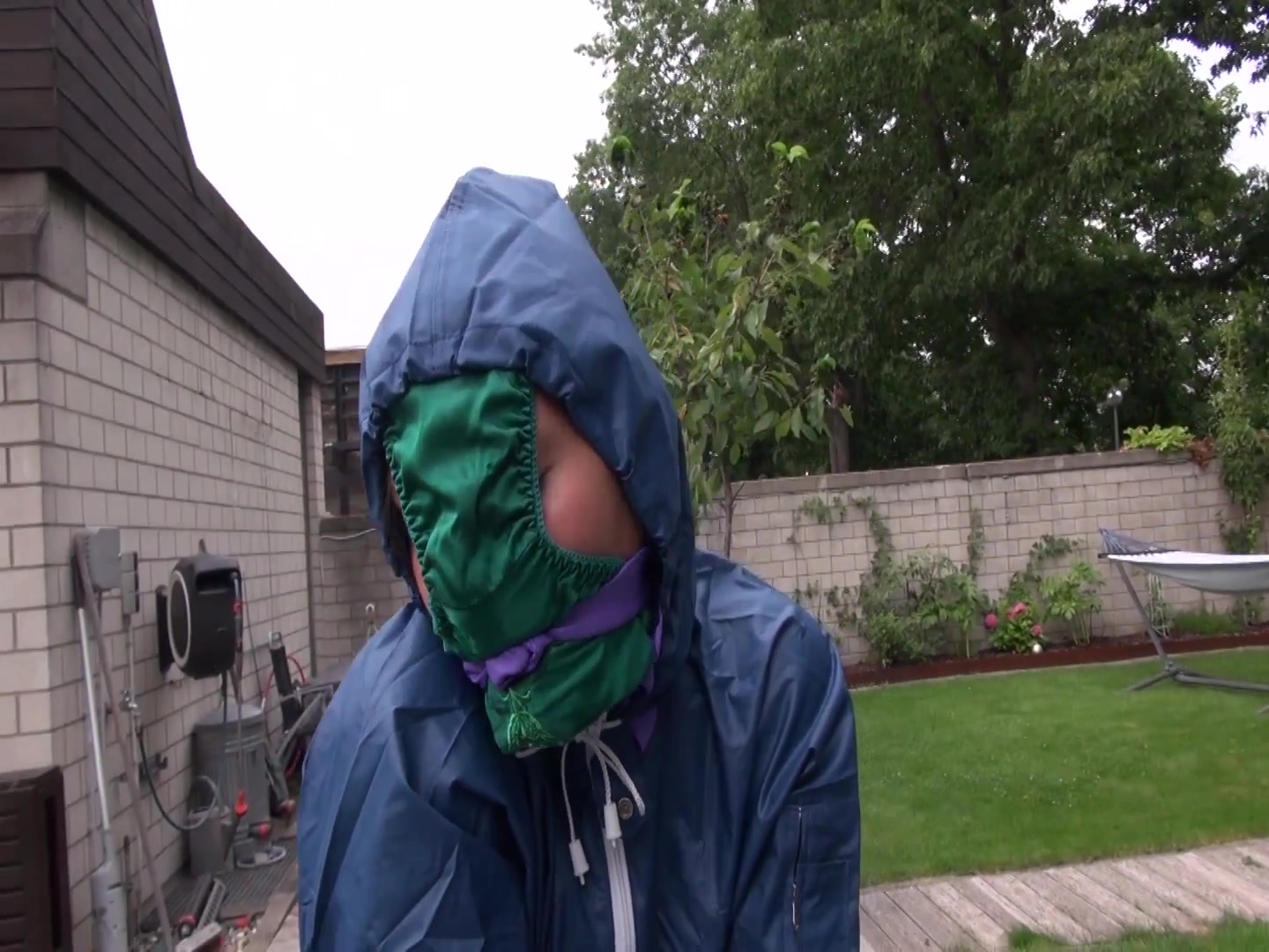 Watch Sandra Beeing Bound, Gagged With A Pantyhood In Her Oldschool Rainsuit