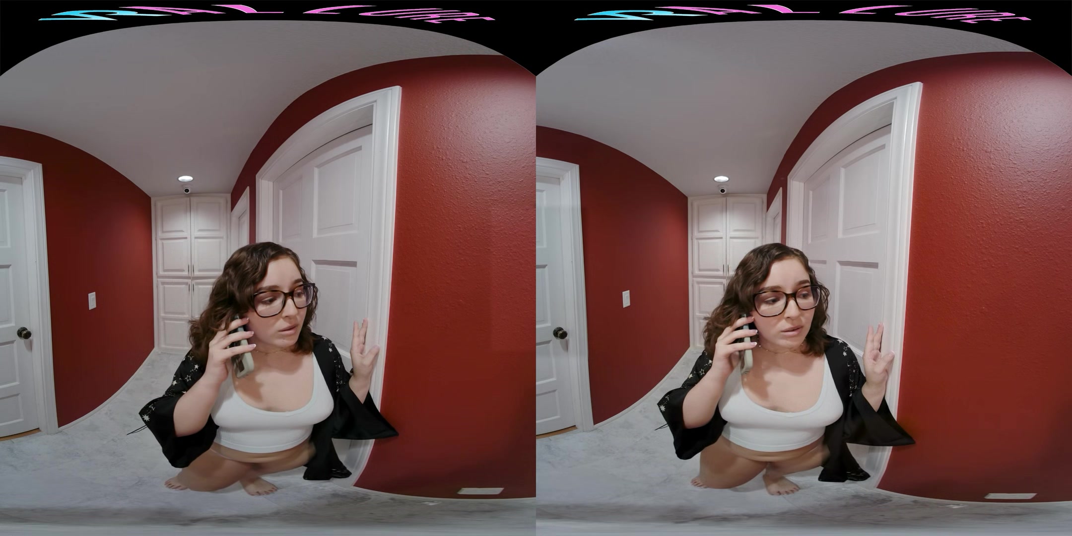 Busty brunette babysitter masturbates with her toy in virtual reality