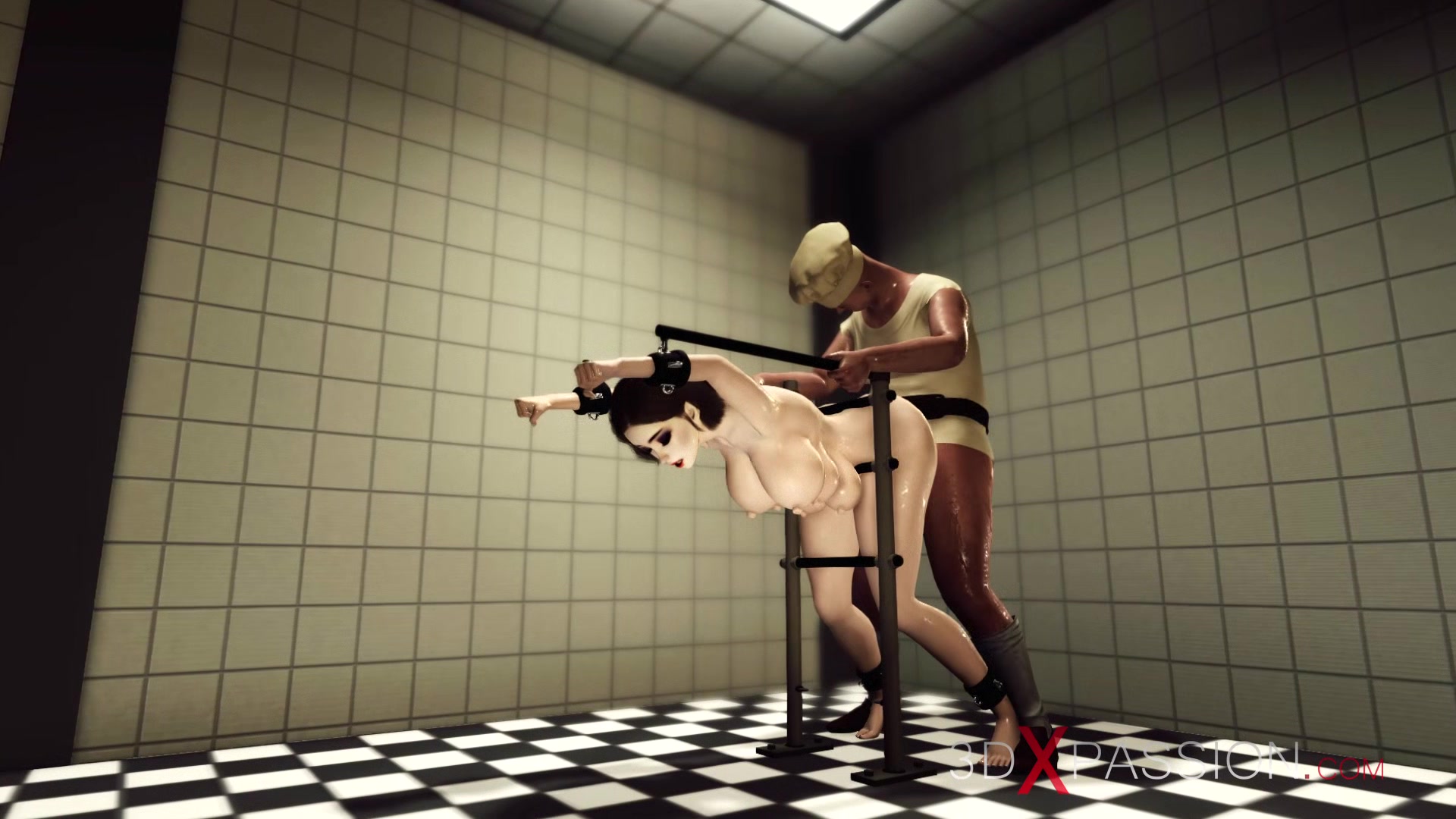 Crazy sex in the prison. A sexy brunette with many boobs gets fucked hard by a butcher