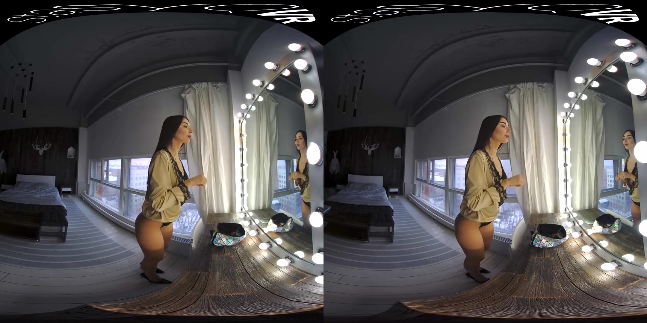 The Magic in the Mirror; brunette solo striptease glasses lingerie