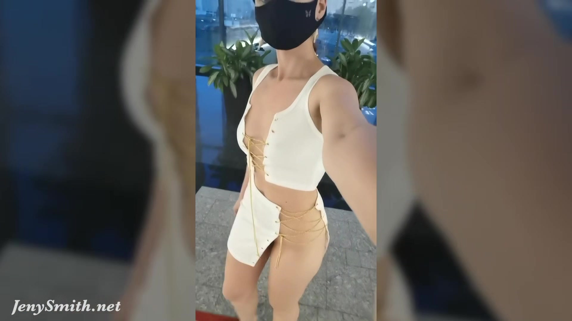 Jeny Smith tests her new suit. Flashing in public