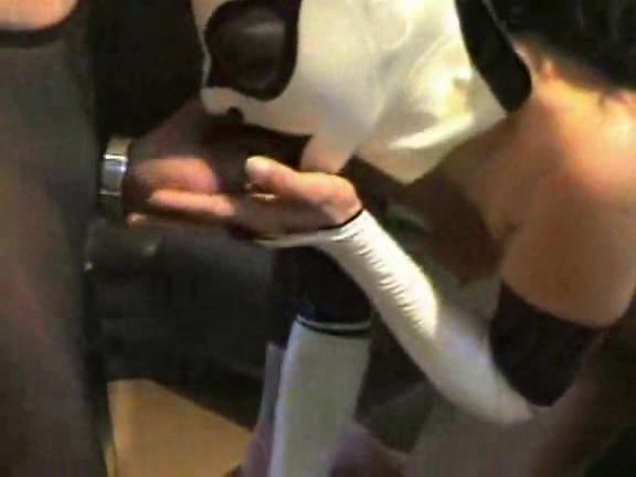 Dude in pantyhose gives head to a crazy chick in wrestling mask