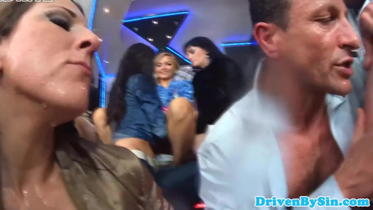 CFNM pissing babes in reverse gangbang party