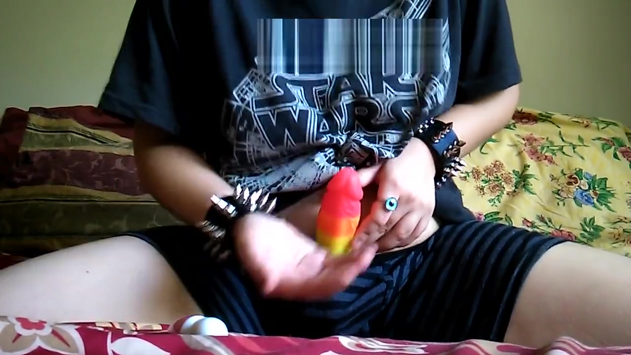 punk ftm jerks off rainbow dildo & uses mini hitatchi wand