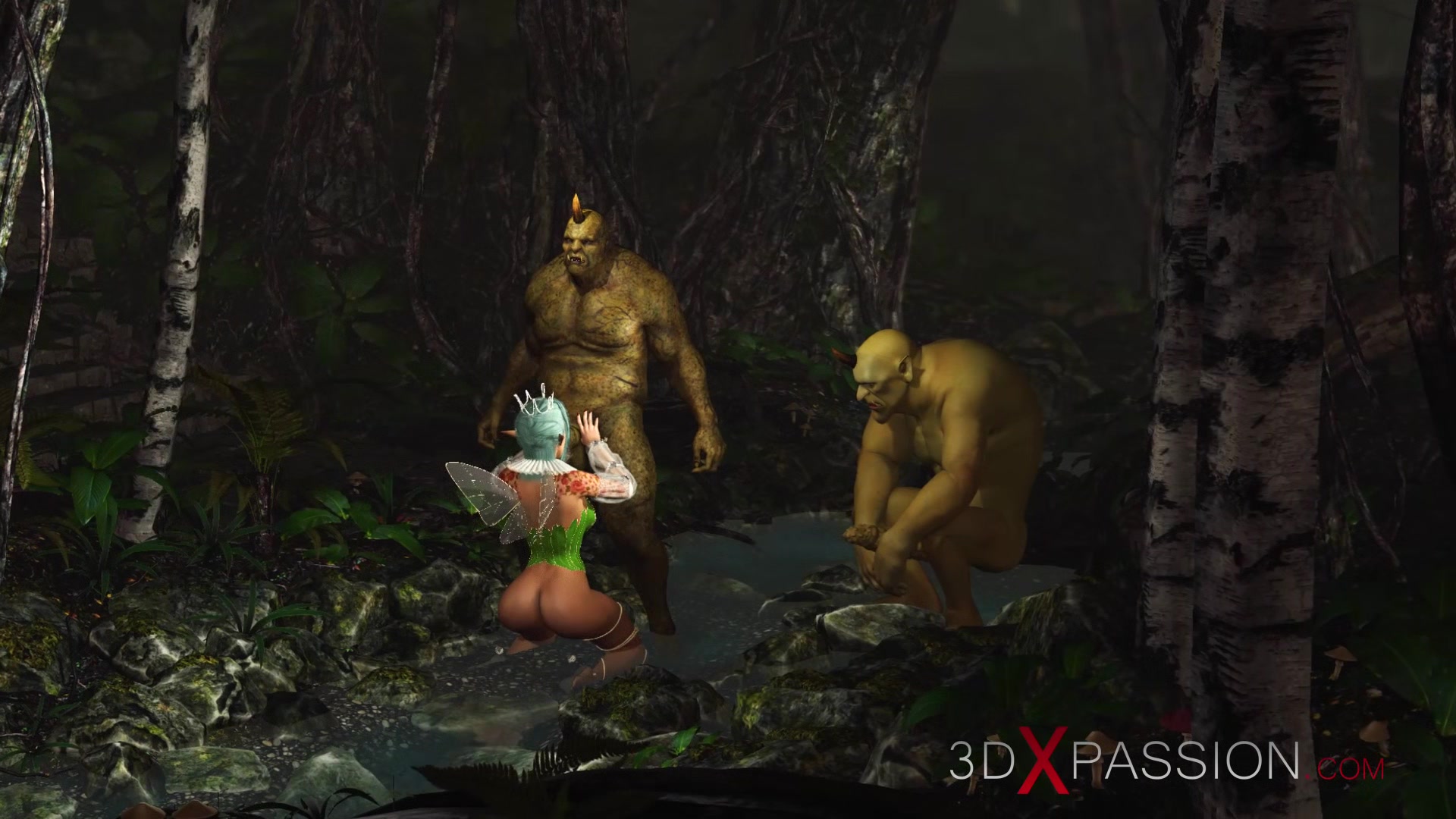 Threesome with a beautiful hot fairy and two orcs in the night forest