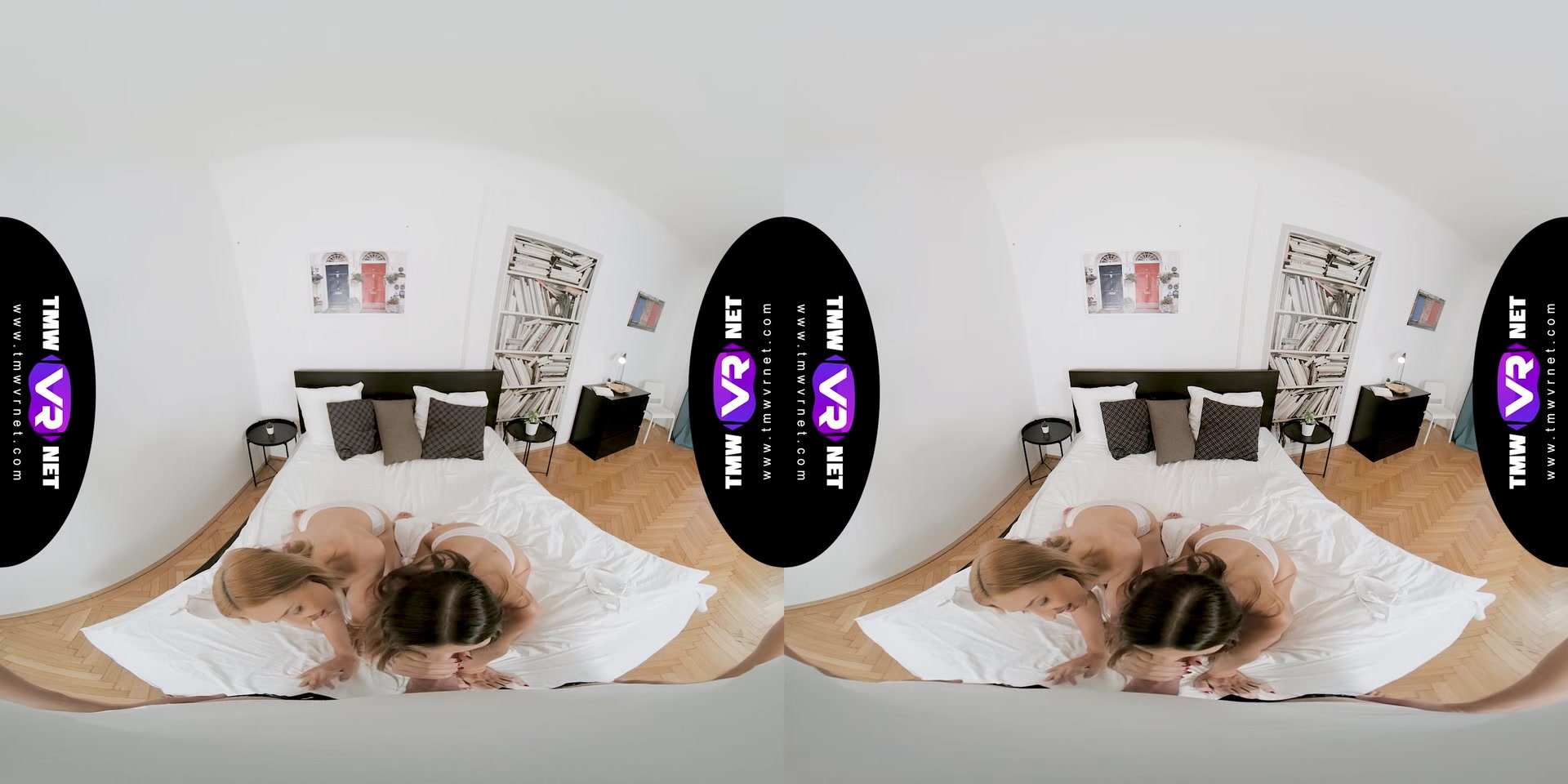 Playful trio in bed