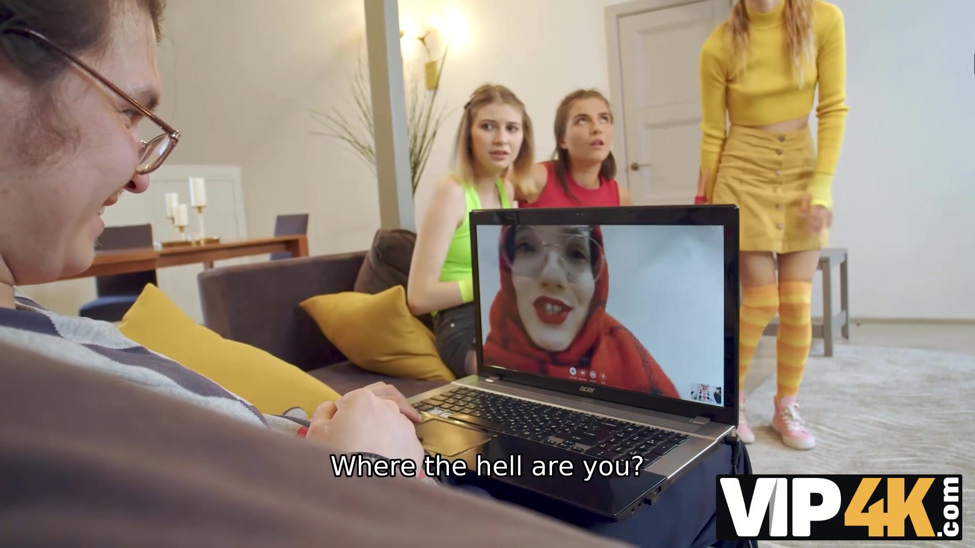 VIP4K. While man talks on a video call three ladies enjoy lesbian 3some
